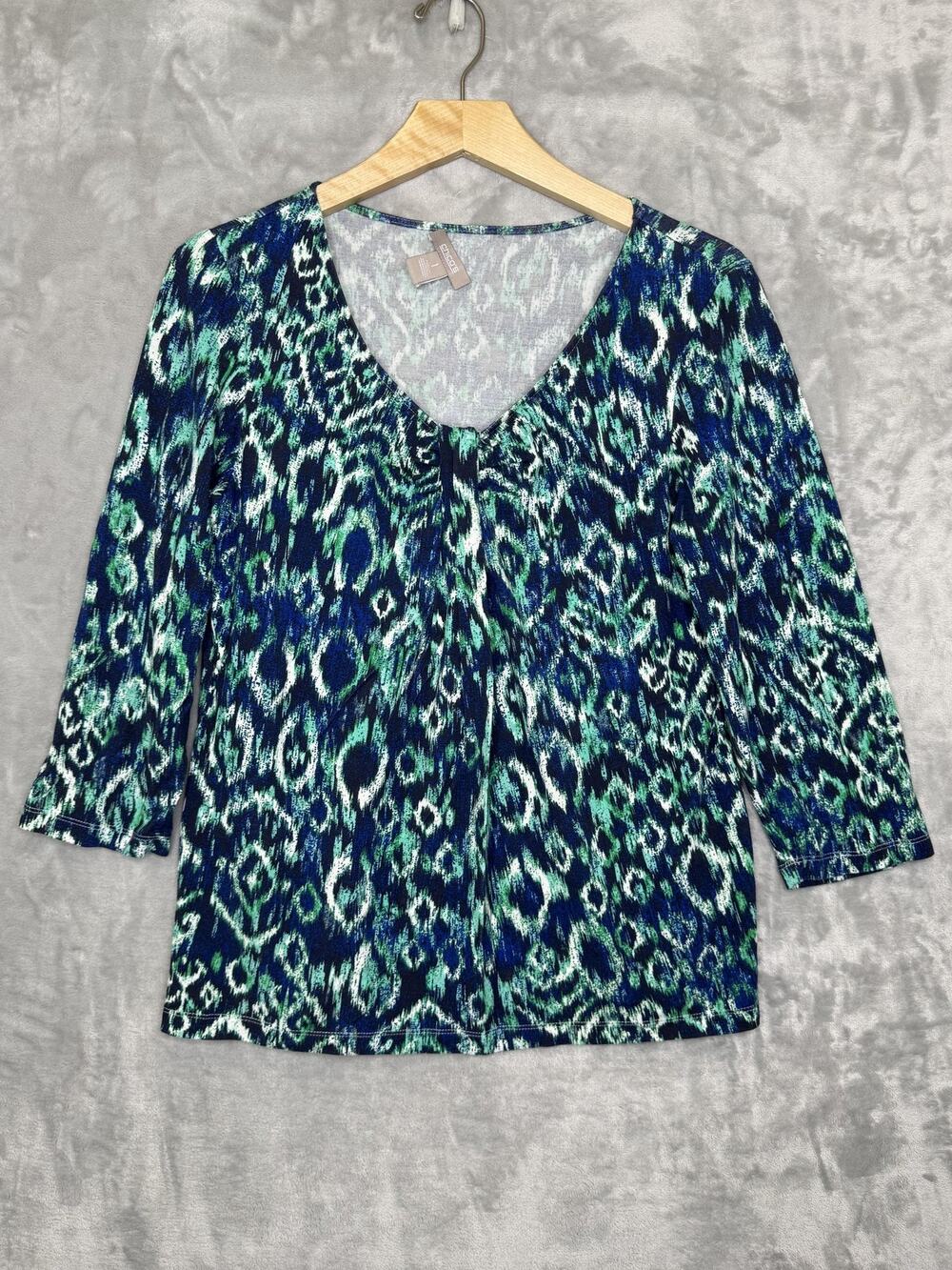 Chicos Top Womens M Blue Green Abstract Print Scoop Neck 3/4 Sleeve Jersey